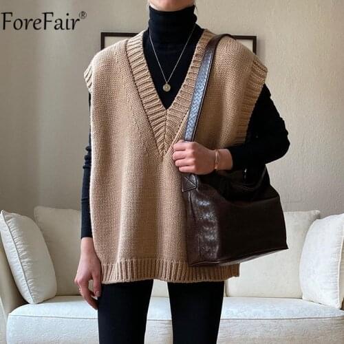Forefair V Neck Vest Sweater Khaki Knitted Loose Women Sleeveless Pullover Autumn Winter Black Casual Gray Oversized Jumper 2020