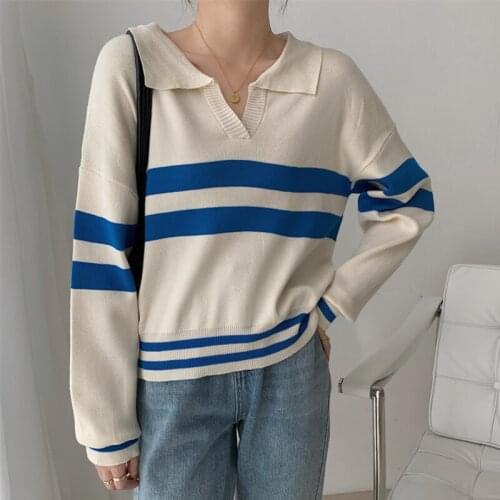 Zoki Designed Women Knitted Sweater Autumn Korean Pullover Striped Casual Loose Female Jumper Simple Long Sleeve Fall Tops 2021