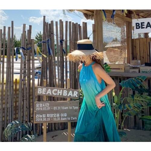 Summer Large Size Womens Beach Gradient Printed Loose-Fit Sleeveless Vest Long Pleated Dress