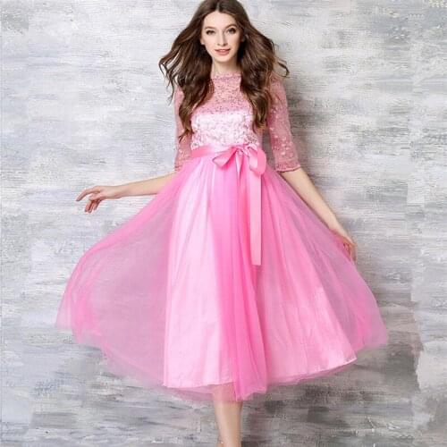 Hollow-out Mesh Embroidery Women Summer Ball Grown Dress Half Sleeve Elegant Bow Lace Pink Blue Female Long Casual Party Dresses