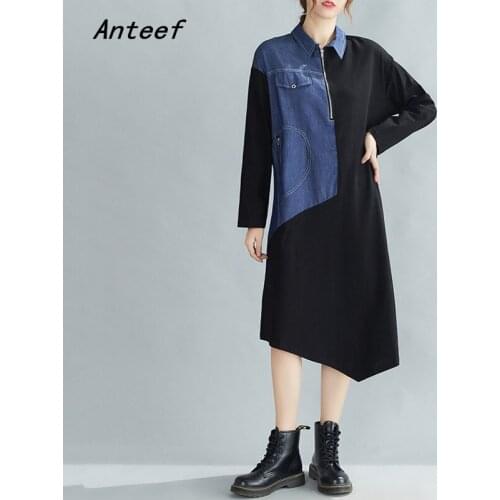 Anteef long sleeve plus size cotton denim vintage dresses for women casual loose spring autumn dress elegant clothing 2021