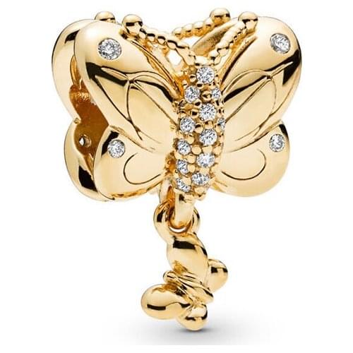 2019 New Original 925 Sterling Silver Decorative Butterfly Dangle Charm Gold Color Fit Pandora Bracelet Bangle DIY Women Jewelry