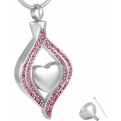 8111 Pink Crystal Stainless Steel Heart Cremation Urn Keepsake Memorial Pendant