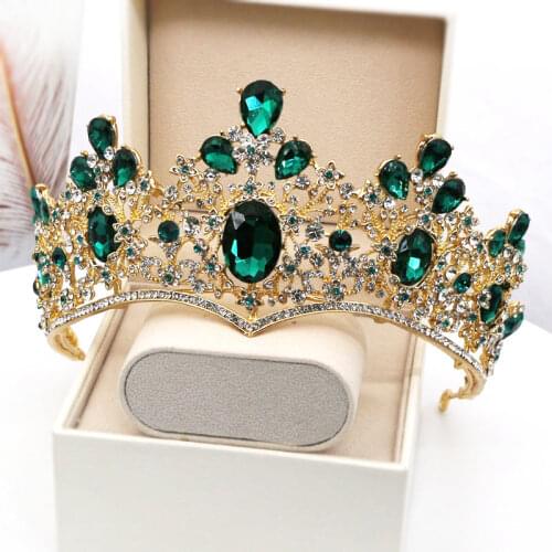 Noble Vintage Green Crystal Tiaras Pageant Prom Crowns Rhinestone Bridal Queen Tiara Bride Headband Golden Crown Hairband CR093