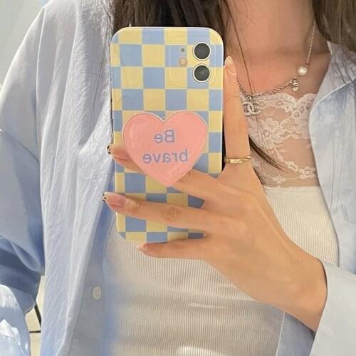 Checkerboard Phone Case with Love Holder for IPhone 11 12 Pro Max XR XS Max X 7 8 Plus SE2020 Soft TPU Clear Shockproof Cover