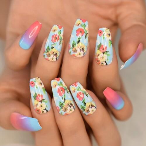 Blossom Fake Nails Designed Long Nails Press On Ballerina Coffin Artificial False Nail Art Gel Painting Trendy Manicure