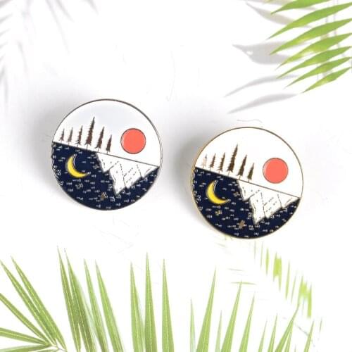 Sun Moon Enamel Pin Forest Mountain Starry Sky Gold/Silver Color Brooches Bag Clothes Lapel Pins Jewelry Gift For Lover Friend