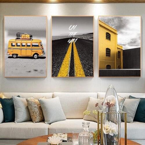 Natural Scenery Yellow Balloon Sign Highway Car Motorcycle Canvas Painting Wall Frameless Picture Poster Living Room Decoration