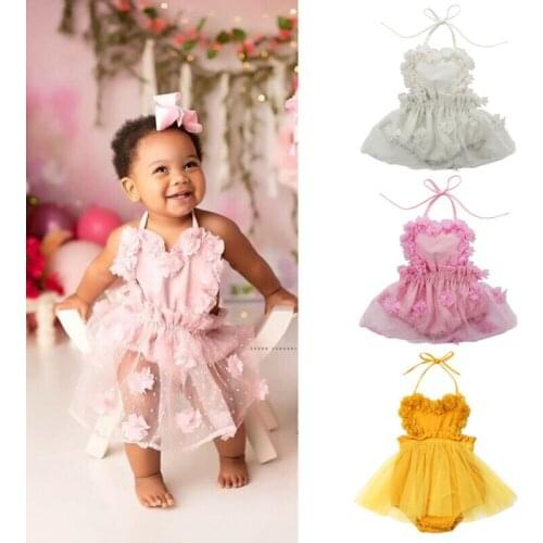 Newborn Baby Girl Summer Clothing Halter Flowers Hollow Back Ruffled Tulle Jumpsuit Bodysuit Dress Outfits Princess Gown 0-3Y