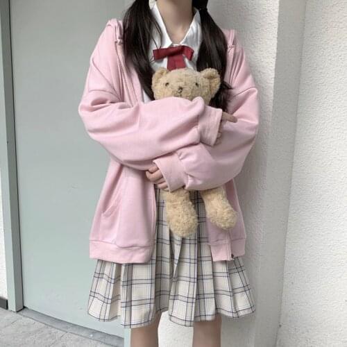 Korean students solid color loose lazy wind hooded zipper cardigan sweater jacket female autumn and winter 2019 new wave