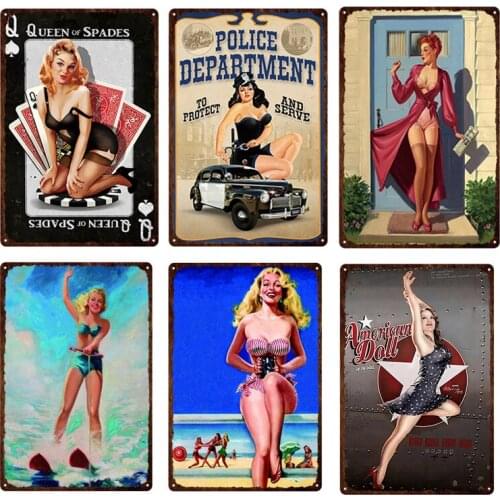 Pin Up Girl Metal Plates Vintage Tin Sign Wall Art Decor for Bar Club Home Decoration Living Room Iron Painting 20x30cm