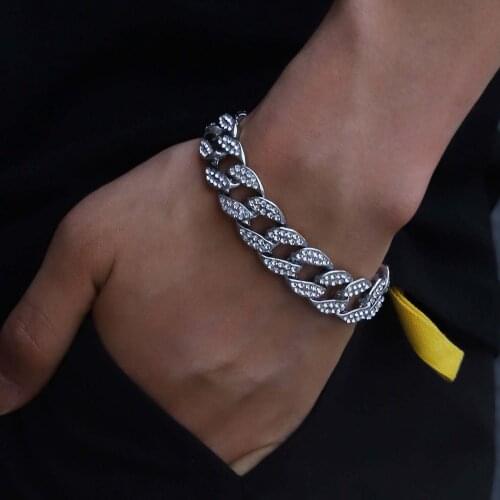 Hip Hop Iced Out Men Cuban Link Bracelet Full Rhinestone Paved Mens Gold Bracelet Miami Cuban Link Chain Iced Bracelet for Men