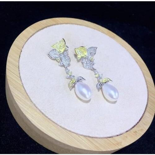 Natural fresh water pearl drop earring 925 sterling silver with cubic zircon plant free shipping