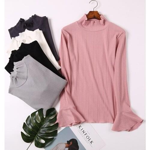 New Spring Autumn Sweet Solid Striped Knitted T-Shirts Women Ruffled Collar Flare Sleeve T-Shirt Slim Thin Pullovers Tops Mw400
