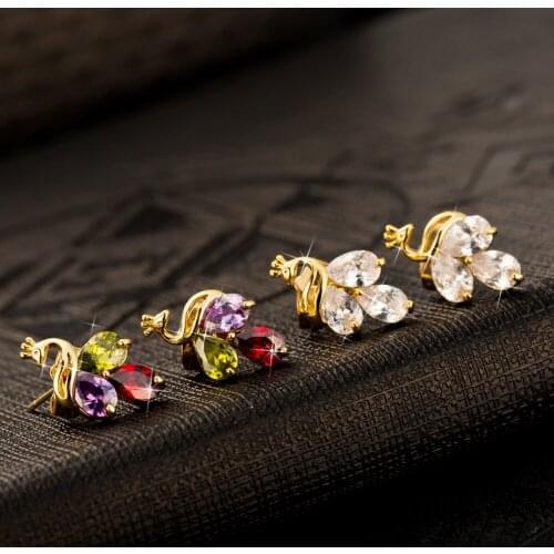 New Classic Fashion peacock Animal brincos Jewelry Cute Austrian Crystal Stud Earrings For Women Girls Party Jewelry Wholesale