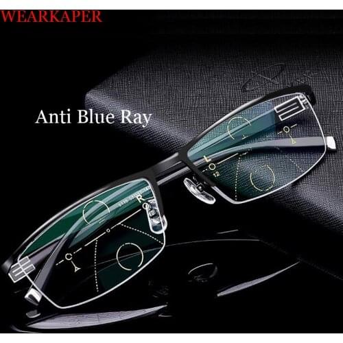 New Progressive Reading Glasses Men Bifocal Anti Blue Ray Multifocal Metal Half Frame Presbyopia Glasses Women Gafas 1.5 2.5
