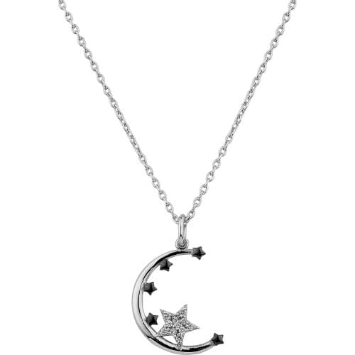 18K Gold Natural Diamond Moon and Star Necklace PN044