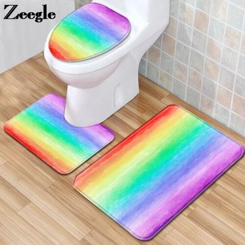 Colorful Printed Toilet Mat Bathroom Bath Mat Toilet Seat Cover Mat Microsoft Anti Slip Foot Rug Shower Carpet Set