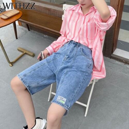 WITHZZ Spring Summer Womens Loose Retro Neutral Style Straight Jeans Denim Shorts