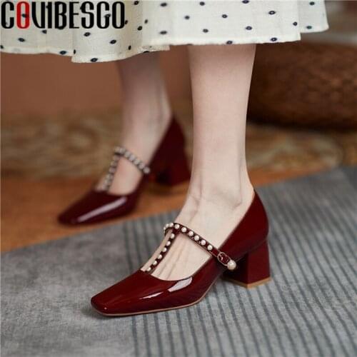 COVIBESCO Retro Pearl T-Strap Women Pumps Genuine Leather Square Toe High Heels Concise Fashion Design 2021 Spring Shoes Woman