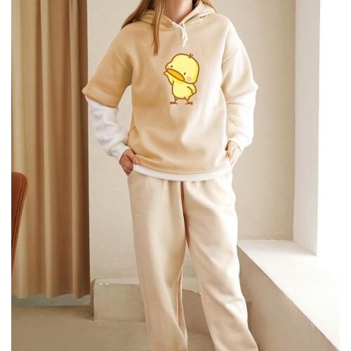 Plus Size Harajuku Apricot Hoodies Yellow Duck Hoodie Y2k Streetwear Warm Women Color Block Hoodies Casual Loose Thermal Clothes