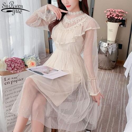 Korean White Long Sleeve Women Lace Dress Autumn Mesh A-line Naturl Waist Dress Ruffled Stand Collar Sweet Women Dress 12030