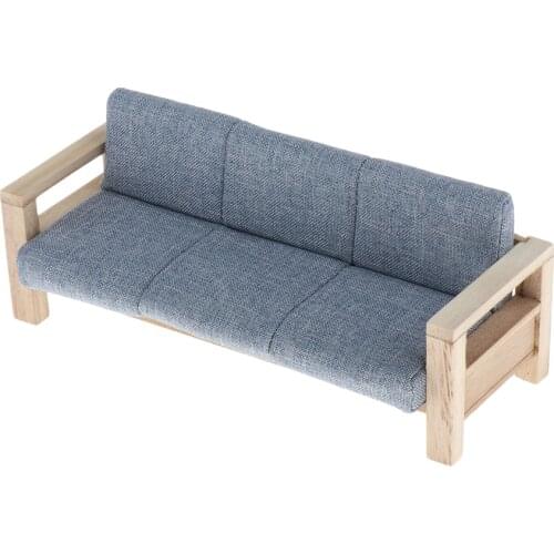 1/12 Dollhouse Miniature Room Furniture - 3 Seat Sofa Couch (Natural Wood Frame) - Mini Realistic Model Toy Set