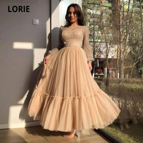 LORIE Shiny Champagne Prom Dresses 2021 Long Sleeve Ruffled Mid Length Wedding Party Dress Arabic Evening Celebrity Gown