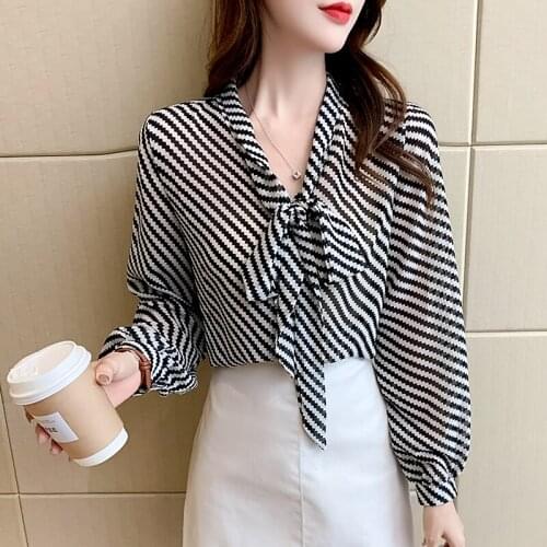 Blouse Women Autumn 2021 New Fashion Striped Full Sleeve Chiffon Loose Bow Thin Yellow Black Blusas Womens Tops And Blouses
