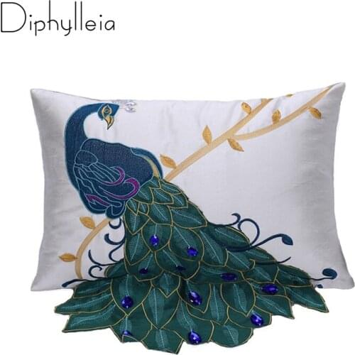 Diphylleia High End Satin Cushion Cover Living Room Decor Peacock Embroidery Pillow Case white color Silk Pillow Cover 36x50cm