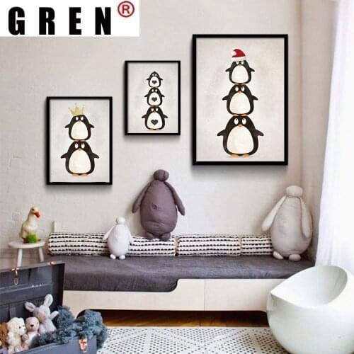GREN Living Room Kids Bedroom Home Decor Nordic Penguin Cartoon Animal Canvas Painting Wall Art Painting Print Poster Picture