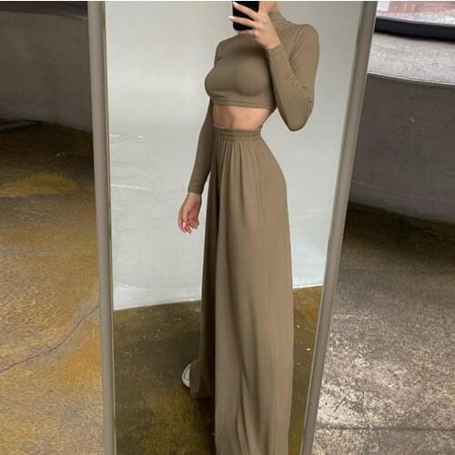 Women Casual Homewear Clothes Sets Autumn Spring Long Sleeve Crop Tops+Elasic Waist Pants Slimming Street SolidColor 2PCS Female