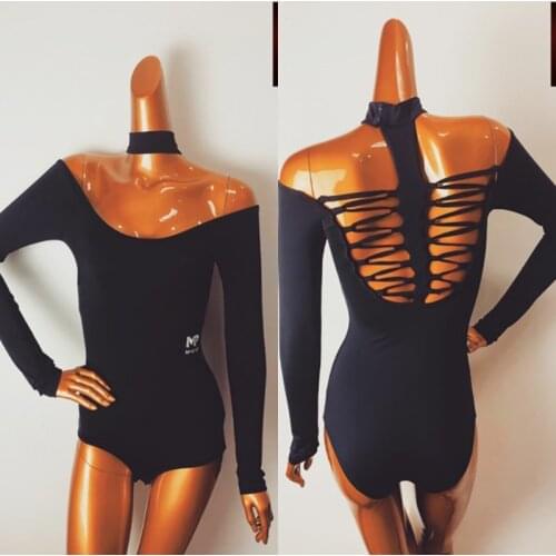 Latin Dance Costumes Adult Female Black Sexy Hollow Halter Long-Sleeved One-Piece With Chest Pad Latin Practice Clothes DQS7840