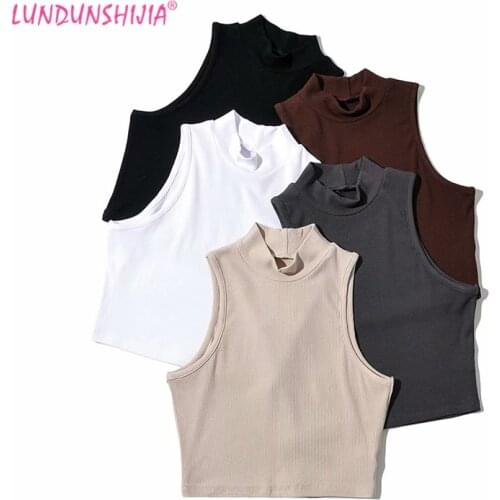 LUNDUNSHIJIA Fashion Sexy Women Summer Streetwear Crop Tops Sleeveless Turtleneck Knitting Tank Bar Female 5 Colors