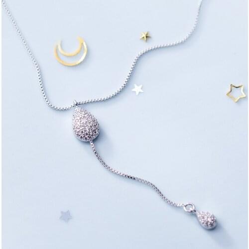 MloveAcc 100% 925 Sterling Silver Romantic Water Drop CZ Long Chain Women Pendant Necklace Silver Jewelry