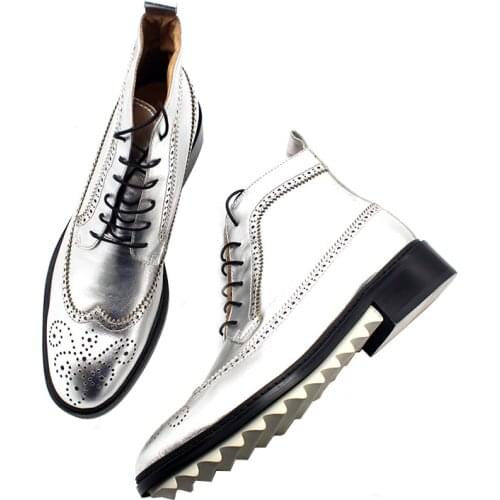 2019 New Fall Winter Silver Boots Cow Full Grain Leather Mens Martin Boots Motorycycle Shoes Free Shipping