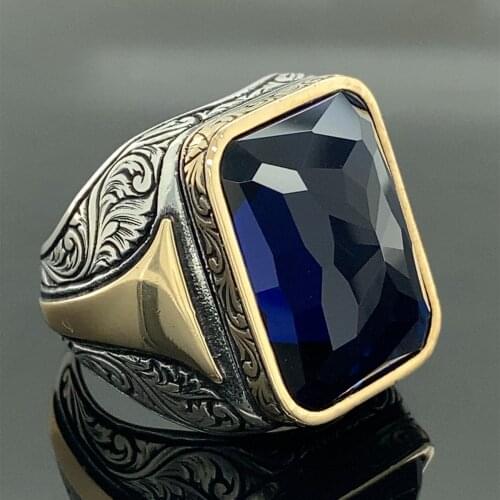 Mens Sapphire Stone Ring , Turkısh Handmade Ring , Ottoman Style Ring , Cubic Zircone Ring , 925k Sterling Silver Ring