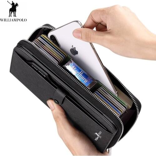 WILLIAMPOLO Men Wallets Brand Card Holder Male Purse genuine Leather Zippers Wallet Men Long Business Clutch carteira masculina
