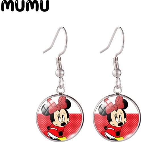 2021 New Minnie Mouse Fish Hook Earring Lovely Photo Round Jewelry Glass Dome Earrings Gifts Girl