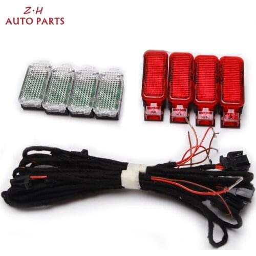 New 8PCS Red Door Light & LED White Footwell Light & Wiring Harness For AUDI A3 A4 A5 A6 A7 A8 Q3 Q5 TT R8 8KD947411 3AD947409