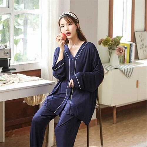 Oversize modal autumn pajamas female V-neck suit skin-friendly long-sleeve casual plus size fat MM home service пижама 2020