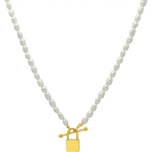 Natural Pearl Lock Pendant Necklace Titanium Steel Jewelry Temperament Stainless Steel 18 K Plated Choker New Necklace 2020