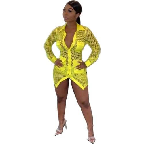 Adogirl Hollow Out Knitted Shirt Dress Fishnet Women Sexy Turn Down Collar V Neck Long Sleeve Pockets Mini Club Party Dresses