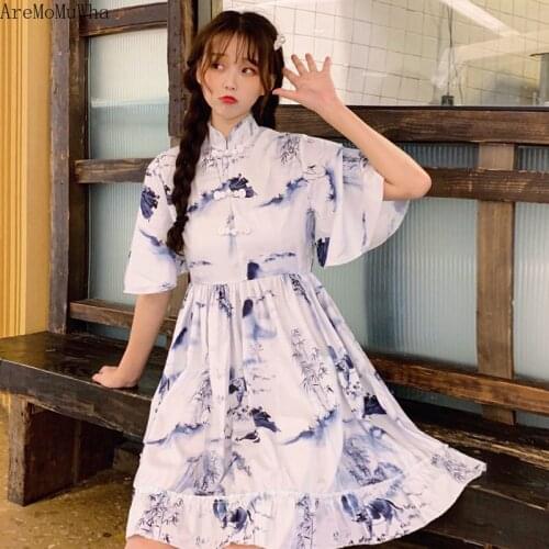 AreMoMuWha Ancient style dress loose sweet cute ethnic style high waist stand collar buckle short sleeve Knee Dress studentMH389