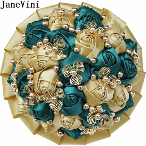 JaeVini Luxury Beaded Wedding Bouquets Handmade Light Gold Green Satin Roses Flowers Bridesmaid Fake Bouquet Bridal Accessories