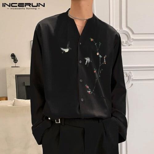 INCERUN Men Casual Shirt Printing V Neck Long Sleeve Vintage Button Up Streetwear Camisa 2021 Baggy Leisure Men Clothing S-3XL 7