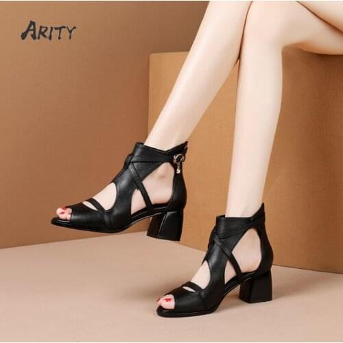 Sandals Female 2021 Summer Hollow Roman Chunky Shoes Fish Mouth Thick Heel Mother Sandals Women Mid-heel Shoes