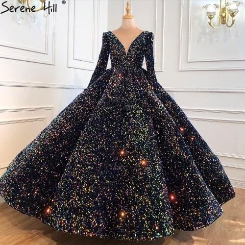 Serene Hill Indigo Blue Gold Luxury Wedding Dresses 2021 Sequined Long Sleeves Bride Dress Plus Size Women HA2466 Custom Made