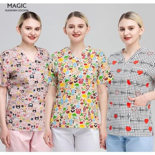 Unisex Working Uniform Print Pocket Spa Blouse Nurse Uniform Women Short Sleeve V-neck Scrub Tops Medical Doctor Nursing Clothes