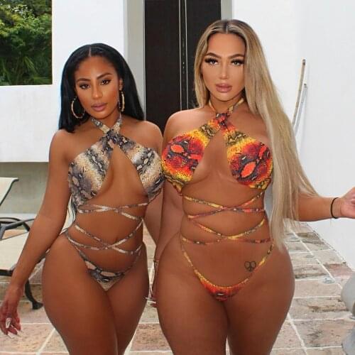 Japanese Mature Women Sexy Low Waist Lingeries Strappy Snake Print Bikini Underwear Thong Bandage Strapless Backless Swimsuit